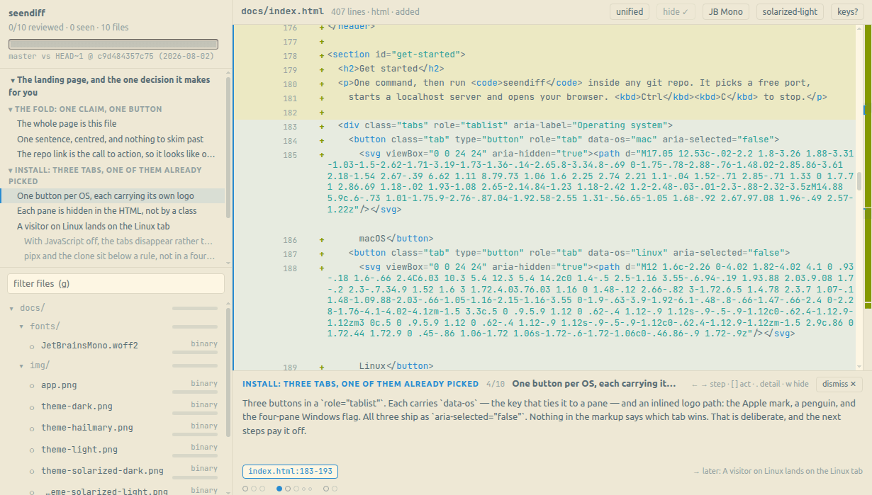 seendiff playing a walkthrough: the sidebar lists acts and their steps with the current one highlighted, the code pane shows the lines that step is about, and a bar under the code holds the step's prose with a line reference and a pointer to a later step